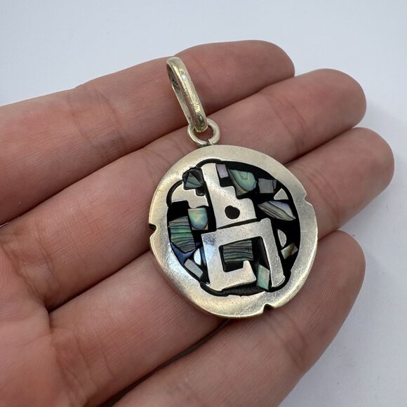 VTG Solid Sterling Silver 925 Abalone Inlay Circle Pendant Size 1.75" Length - Picture 6 of 9
